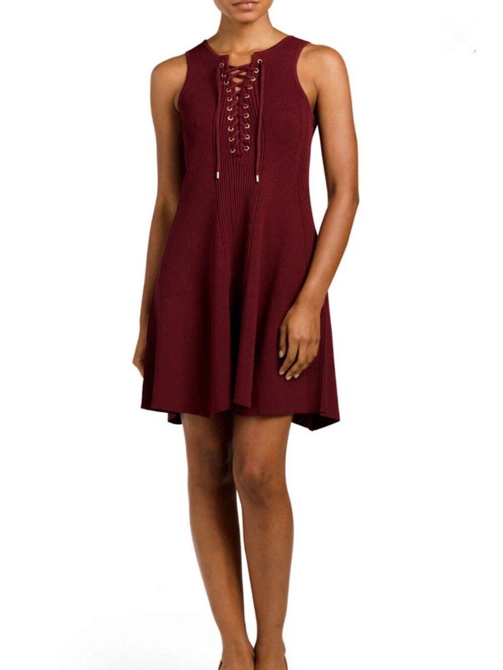 TORN BY RONNY KOBO Wine Lace Up Fit Flare Sleeveless Dress Size L NWT $350